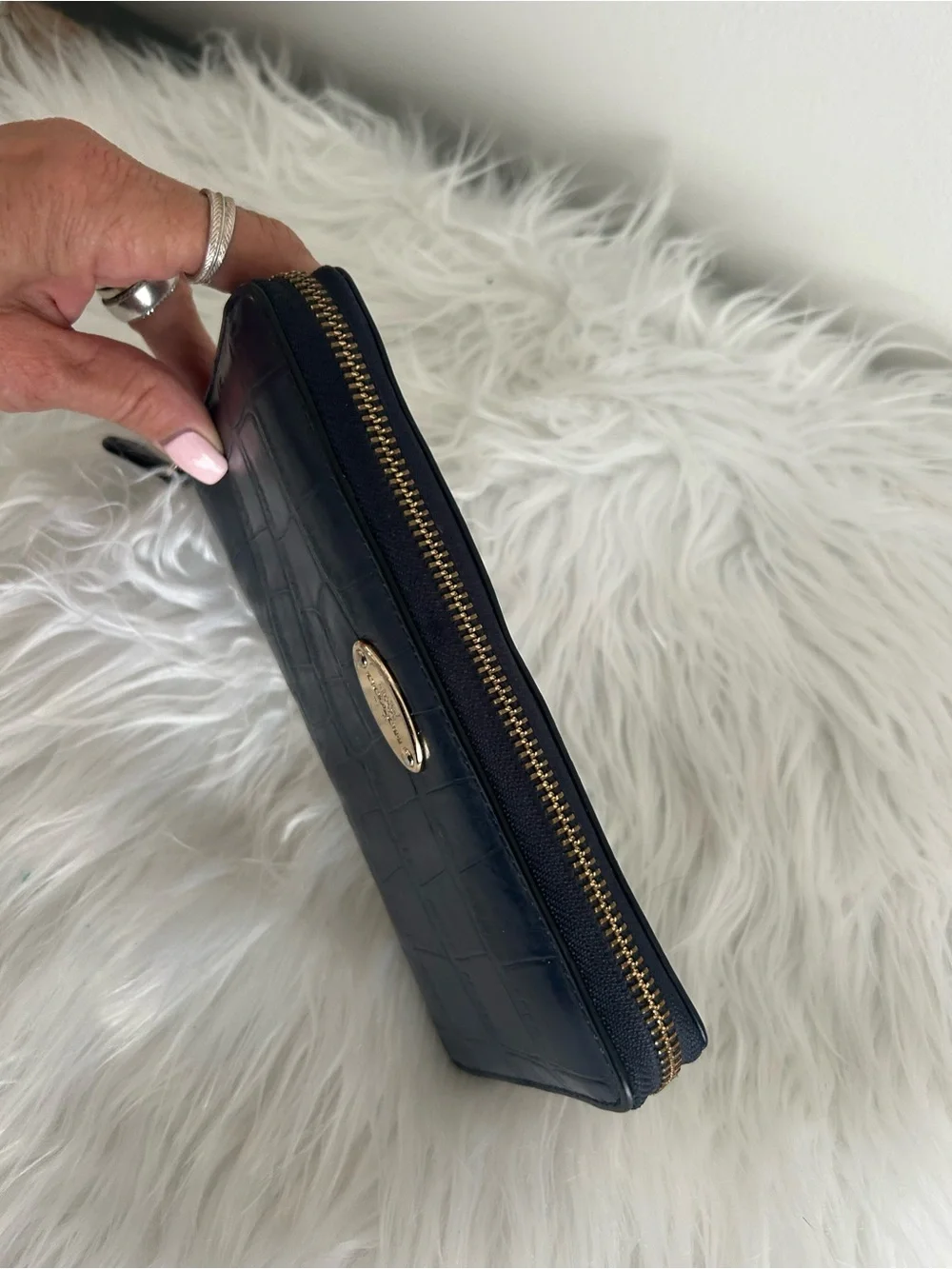 Coach Navy Croc Embossed Leather Zip Around Continental Wallet